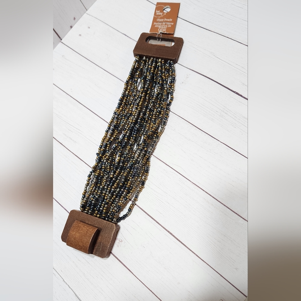 Bead Landing Wood & Glass Beaded Bracelet Black Silver & Gold Beads New